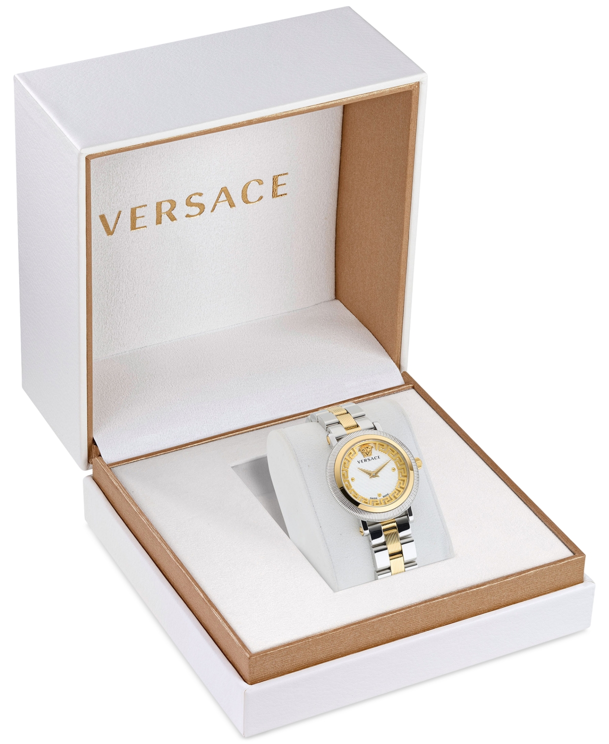Shop Versace Women's Swiss Greca Flourish Two-tone Stainless Steel Bracelet Watch 35mm In Two Tone