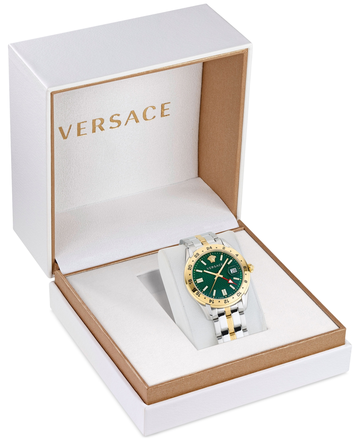 Shop Versace Men's Swiss Greca Time Gmt Two-tone Stainless Steel Bracelet Watch 41mm In Two Tone