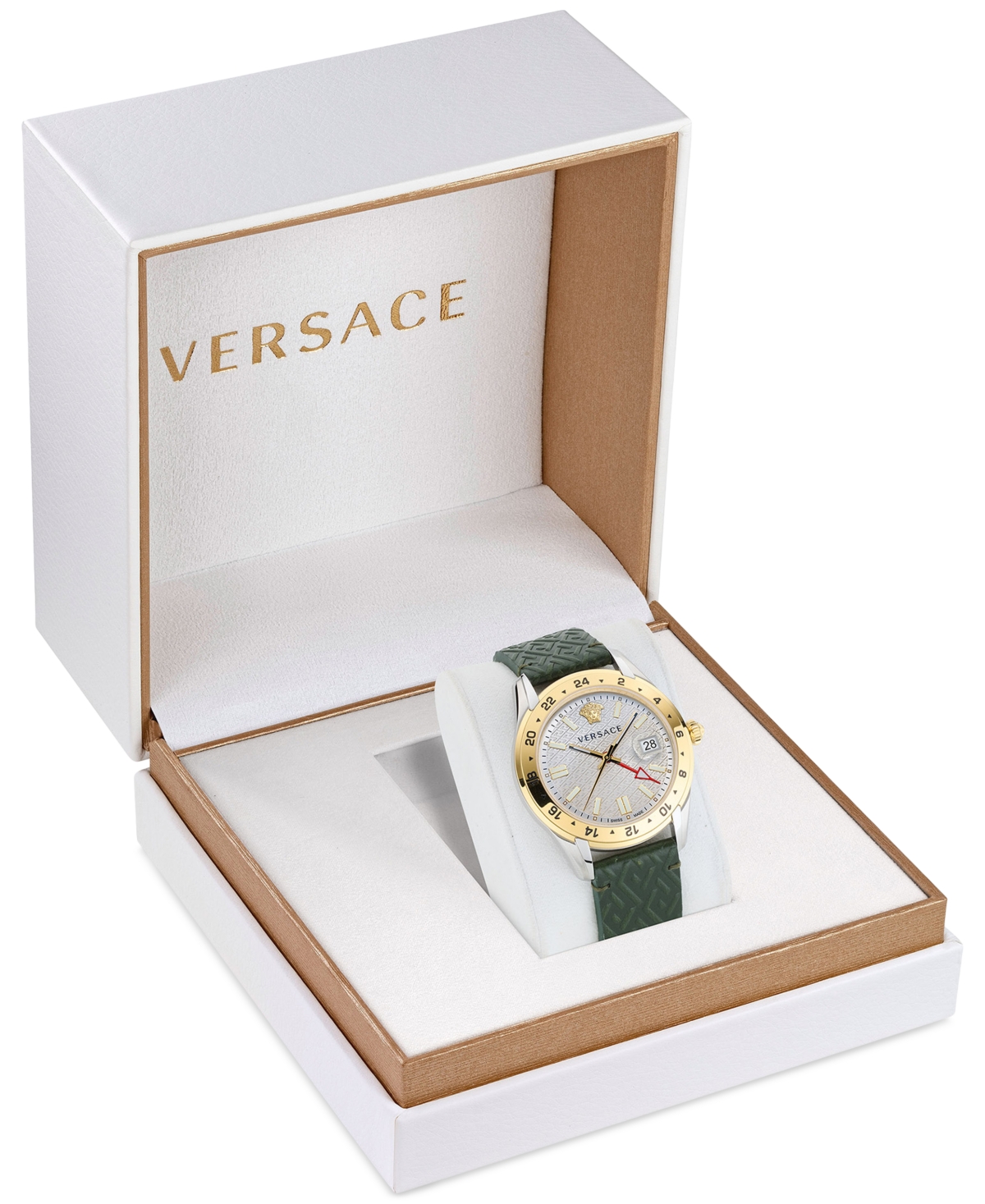 Shop Versace Men's Swiss Greca Time Gmt Green Leather Strap Watch 41mm In Two Tone