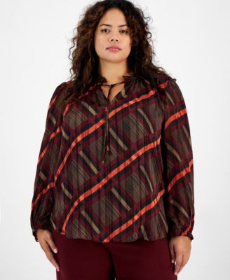 Bar III - Plus Size Plaid Ruffled-Neck Blouse, Created for Macy's