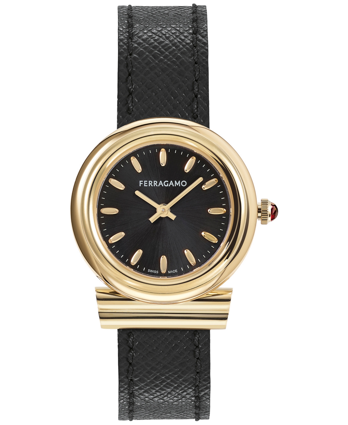 Salvatore Ferragamo Women's Gancini Swiss Black Leather Strap Watch 28mm - Ip Yellow Gold
