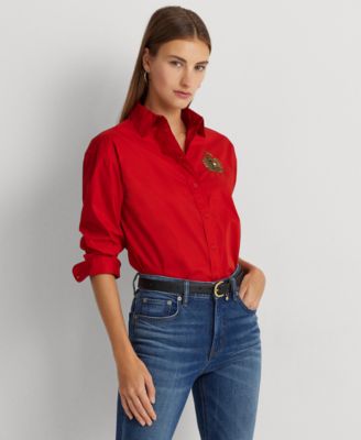 Lauren Ralph Lauren - Women's Beaded-Crest Stretch-Cotton Blend Shirt