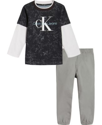 Little Boys Long Sleeve Printed Twofer Logo T-shirt and Twill Joggers, 2 Piece Set