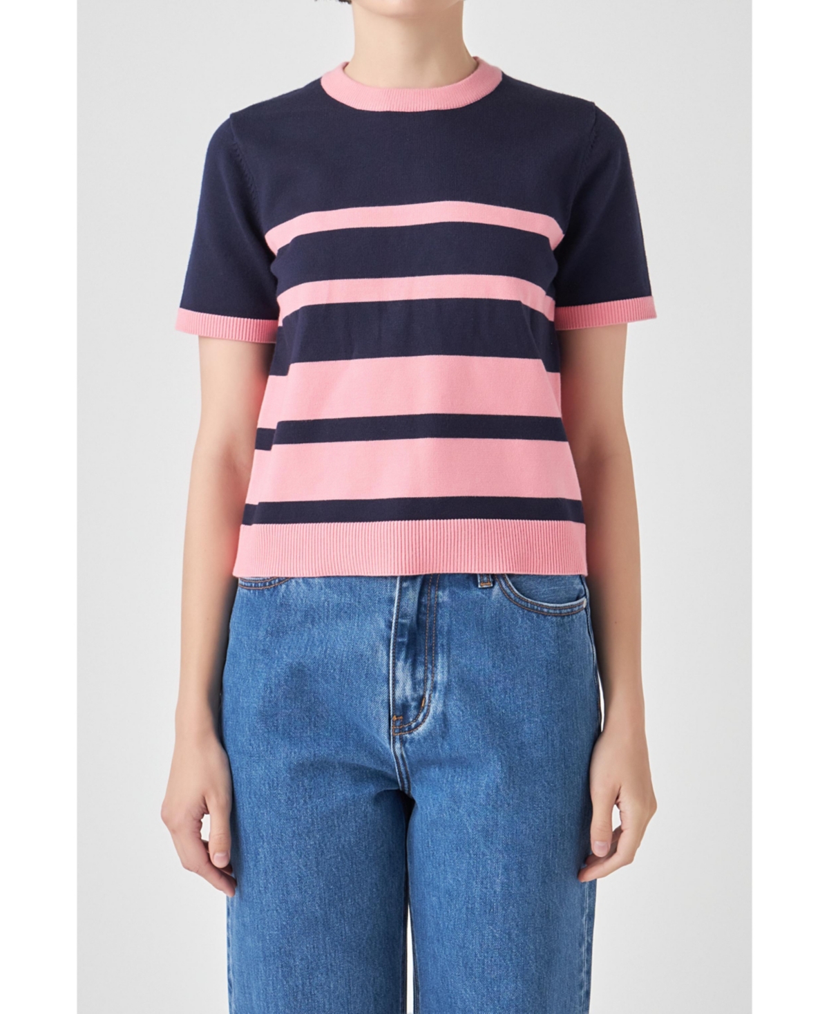 English Factory Women's Stripe Short Sleeve Knit Top In Blue/pink