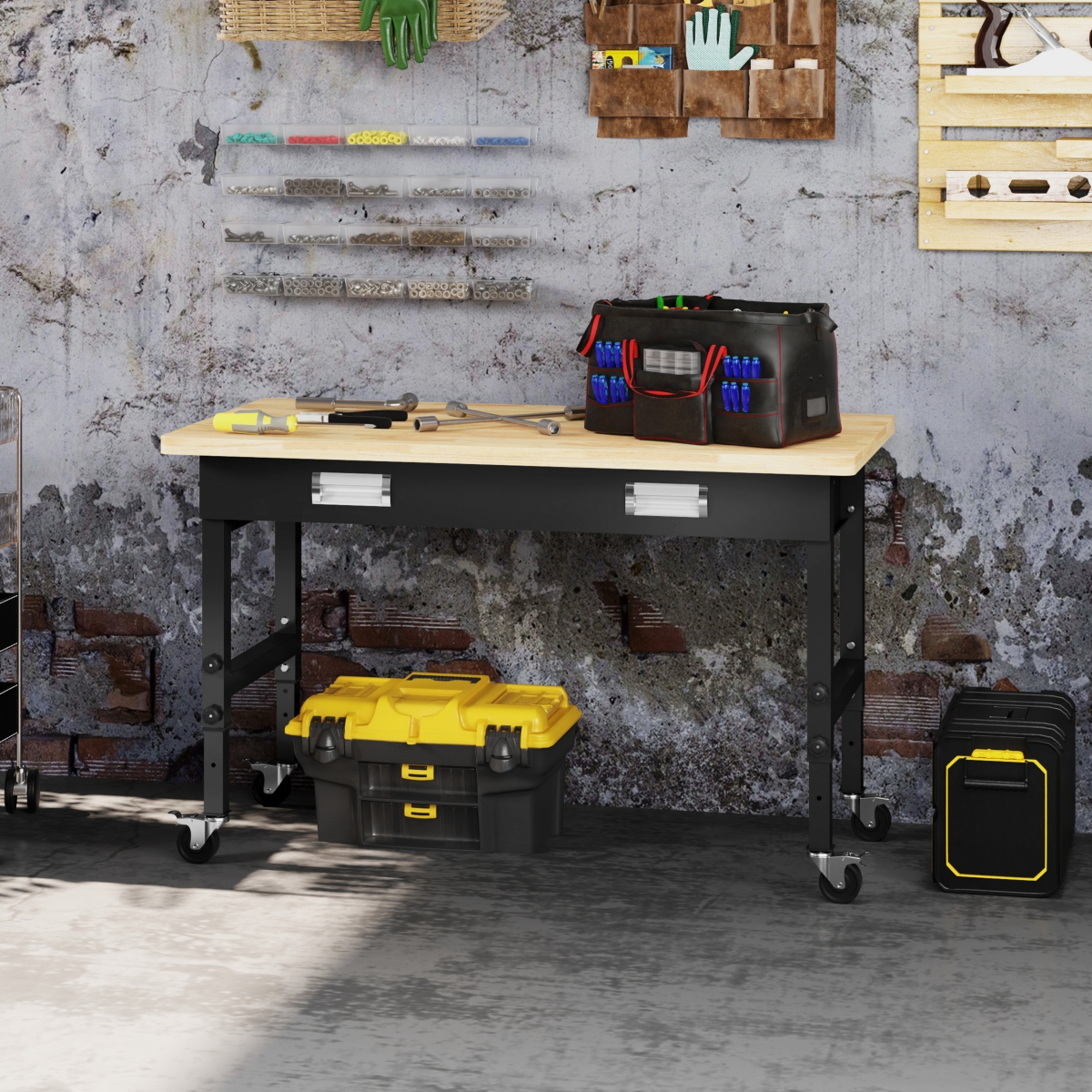 Homcom Mobile Project Workbench Station with Adjustable Legs, Black/Natural - black