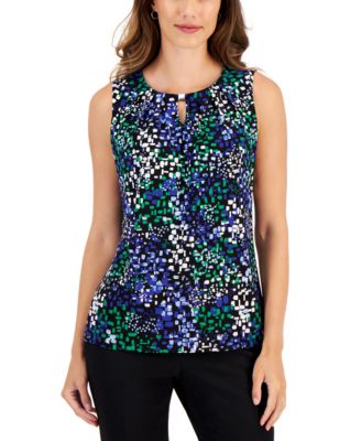 Kasper - Petite Printed Pleated Keyhole-Neck Sleeveless Top