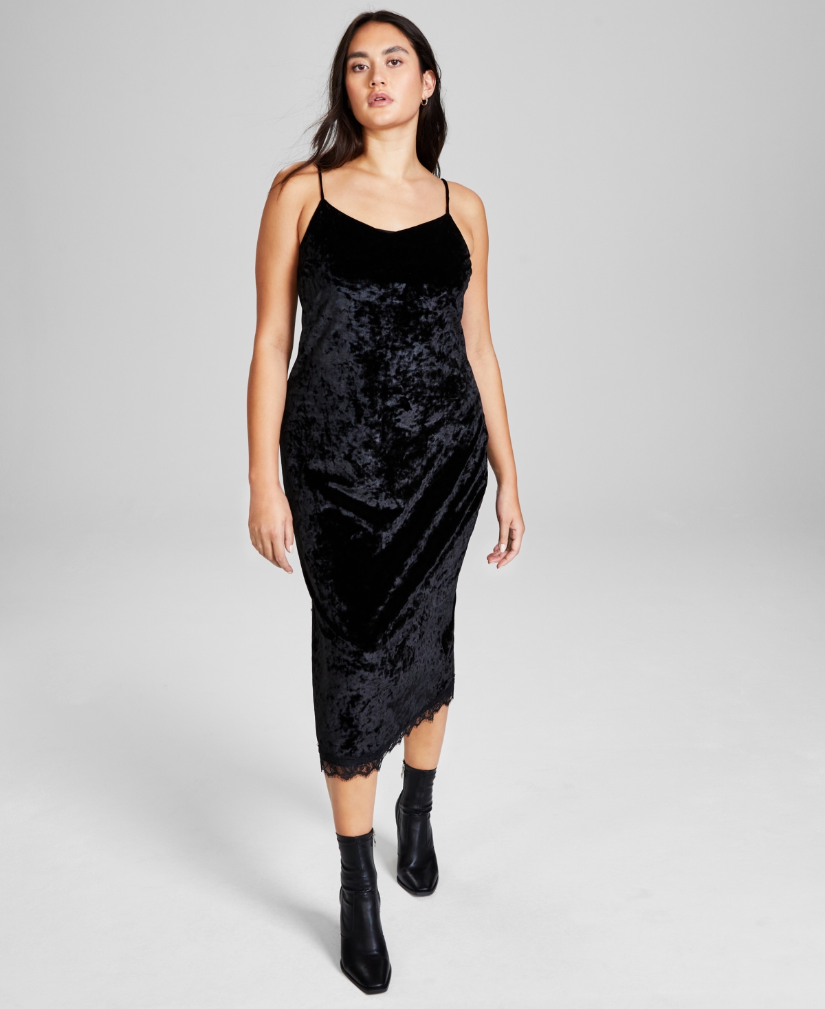 Shop And Now This Women's Lace-trim Velvet Slip Dress, Created For Macy's In Black