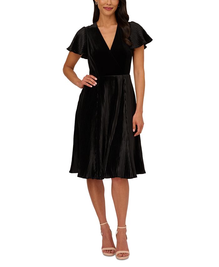 Adrianna Papell Short Sleeve Velvet Pleated Midi Dress, Black, Size: 0