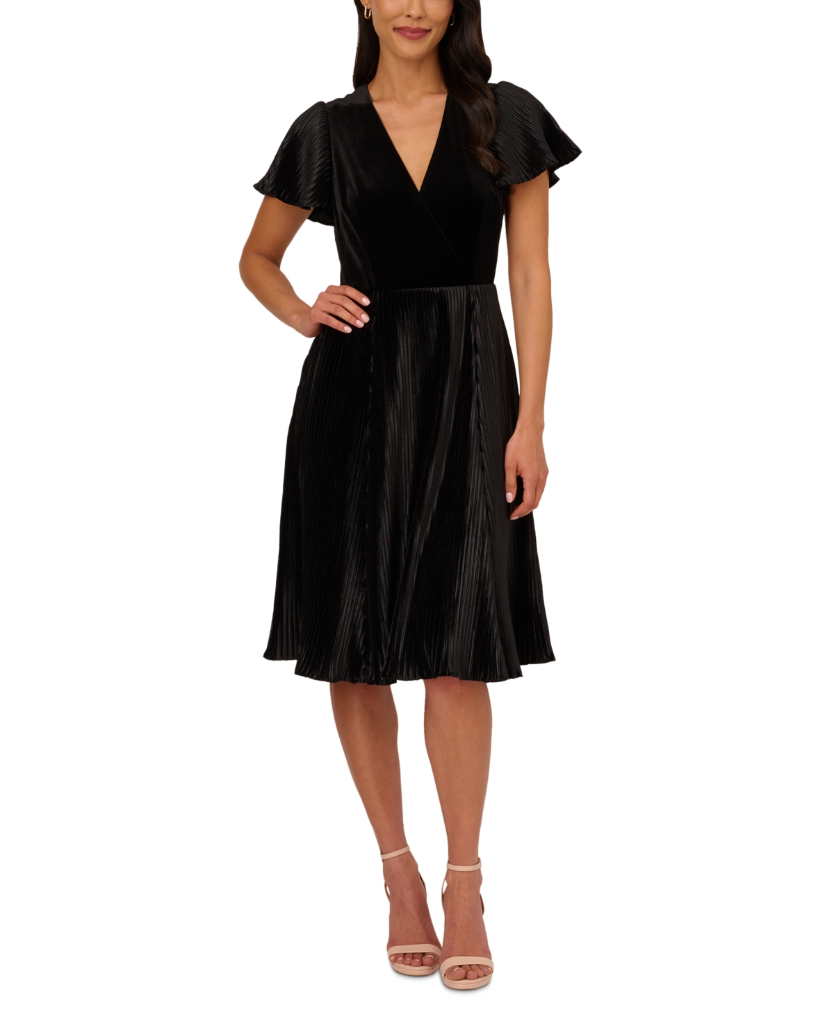 Adrianna Papell Women's Velvet Pleated Flutter-sleeve Dress In Black