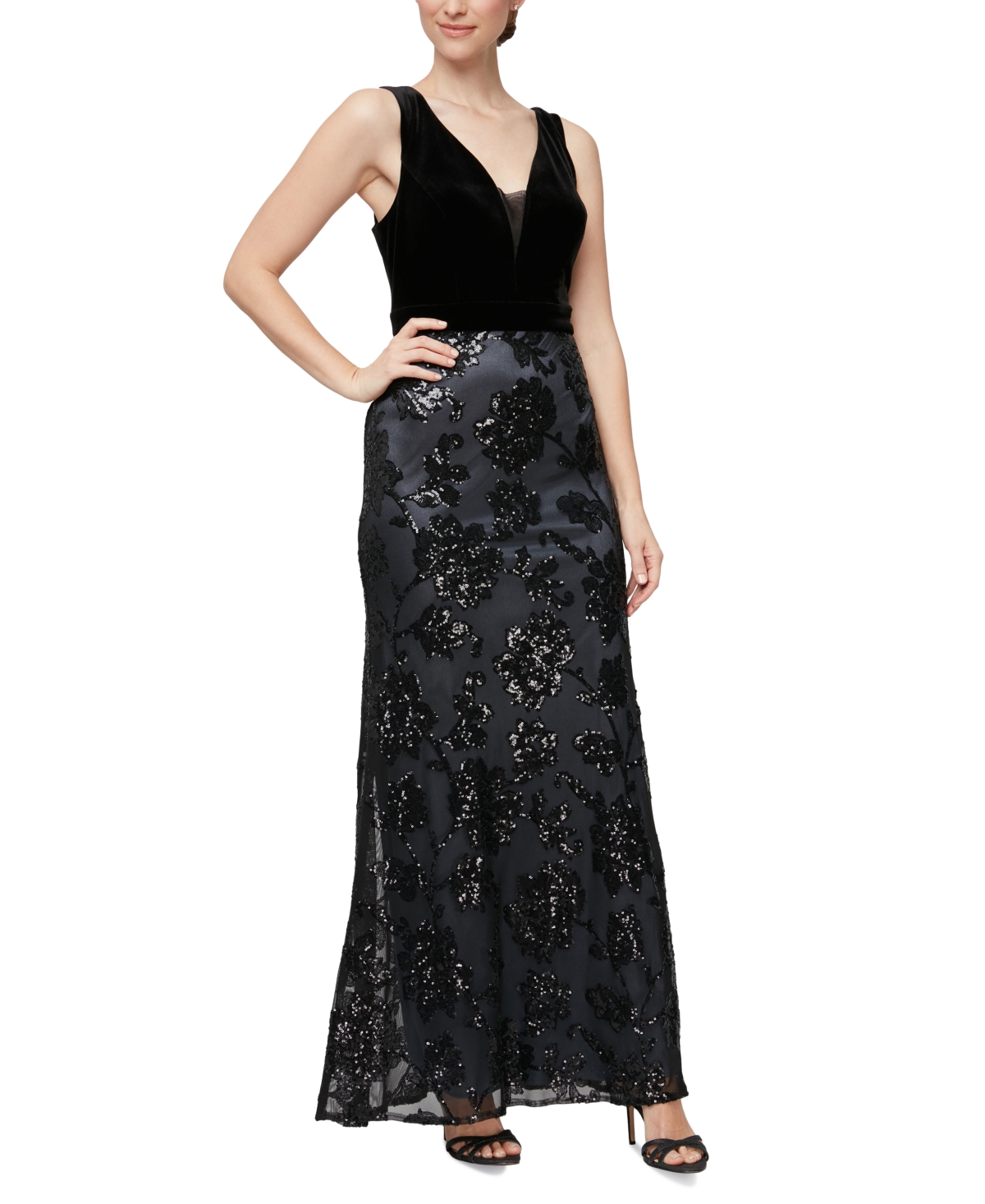 Women's Velvet Bodice Sequined Gown - Black/pewter