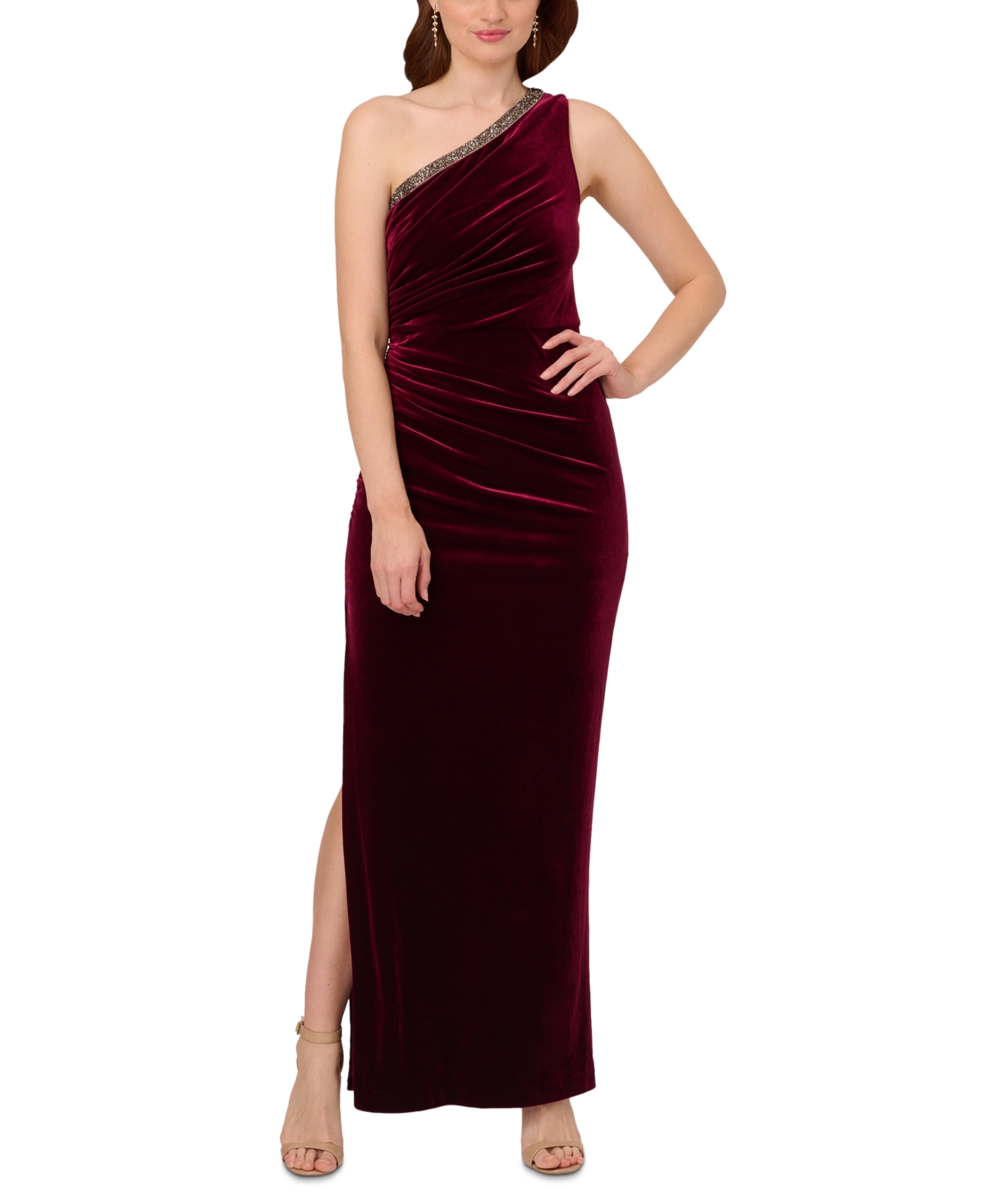 Adrianna Papell Women's Velvet Ruched One-shoulder Gown In Burgundy