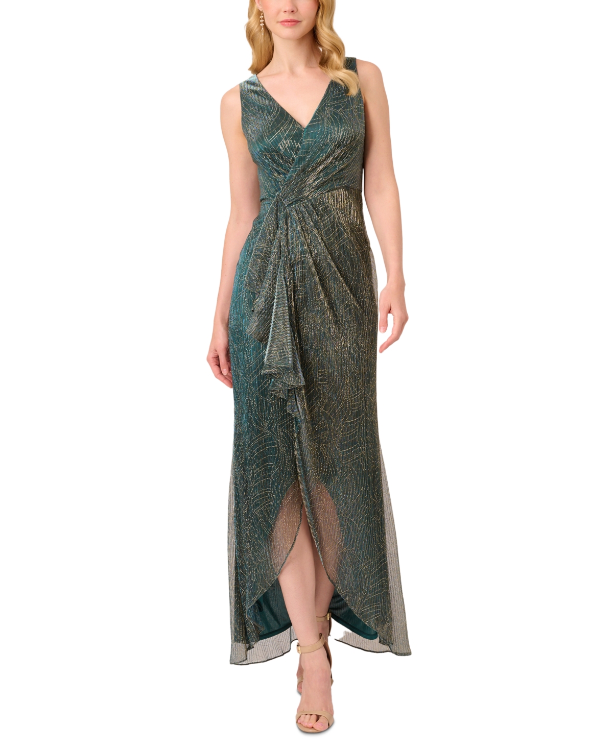 Adrianna Papell Women's Metallic Ruffled Sleeveless Faux-wrap Gown In Evergreen
