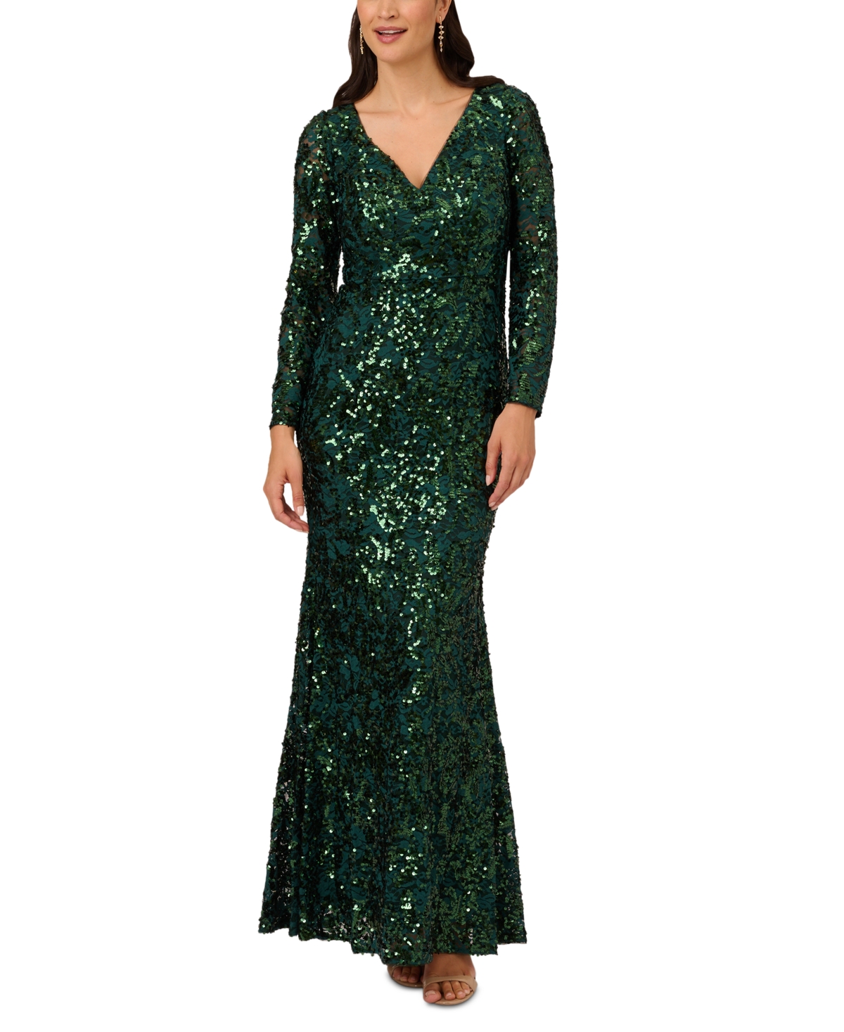 Adrianna Papell Plus Size Sequined Lace V-neck Gown In Hunter
