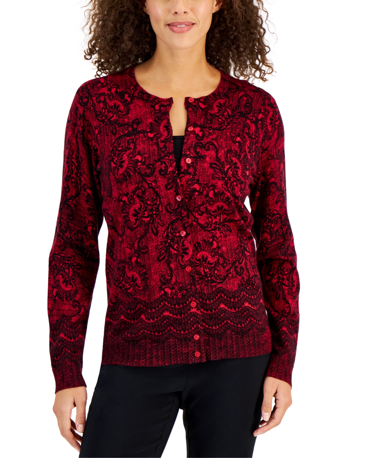 Karen Scott Women's Lace-print Cardigan, Created For Macy's In New Red Amore
