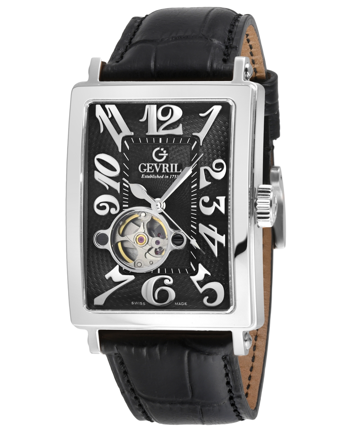 Gevril Men's Avenue Of Americas Intravedere Black Leather Watch 44mm In Silver