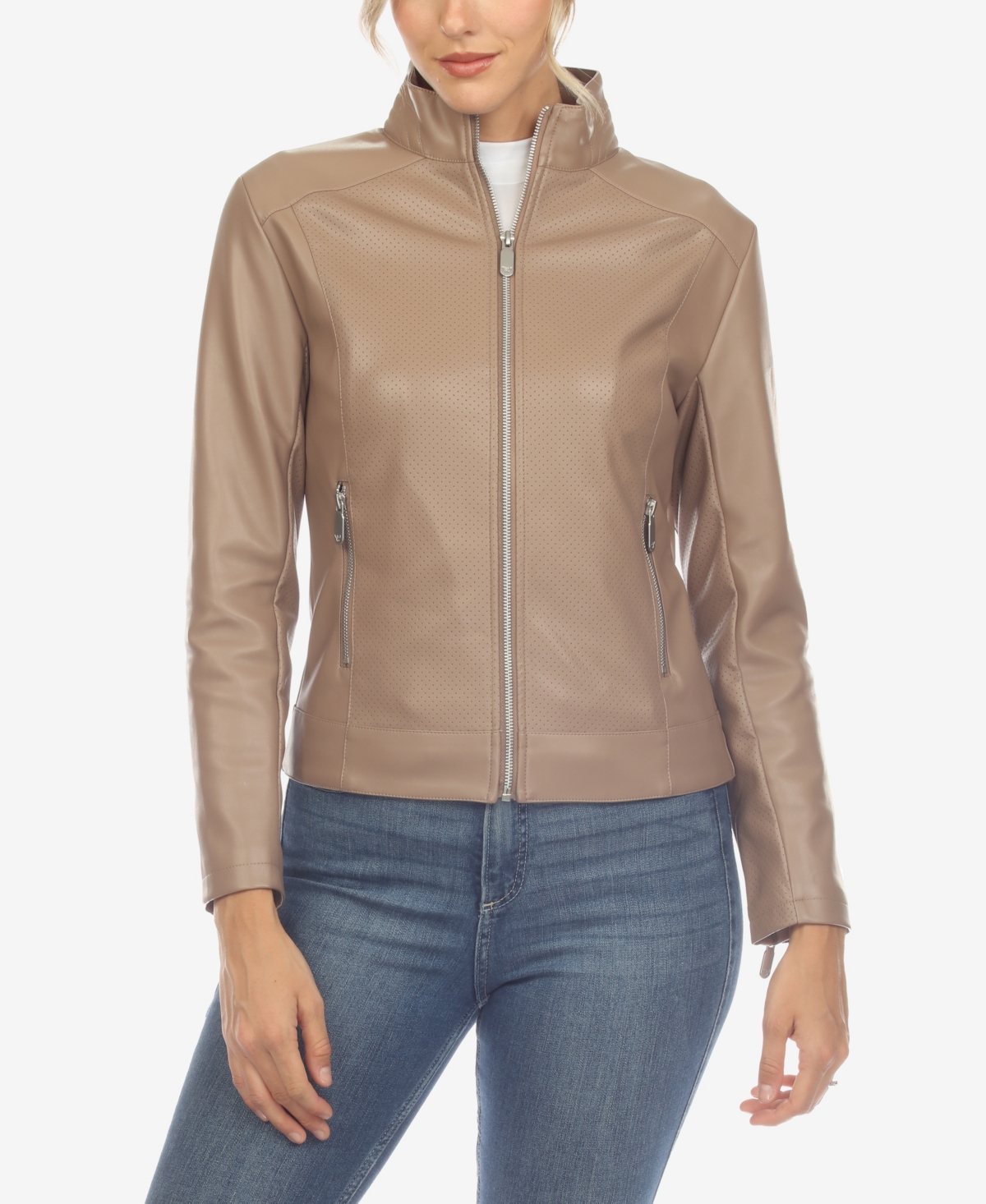 White Mark Women's Classic Biker Faux Leather Jacket In Taupe