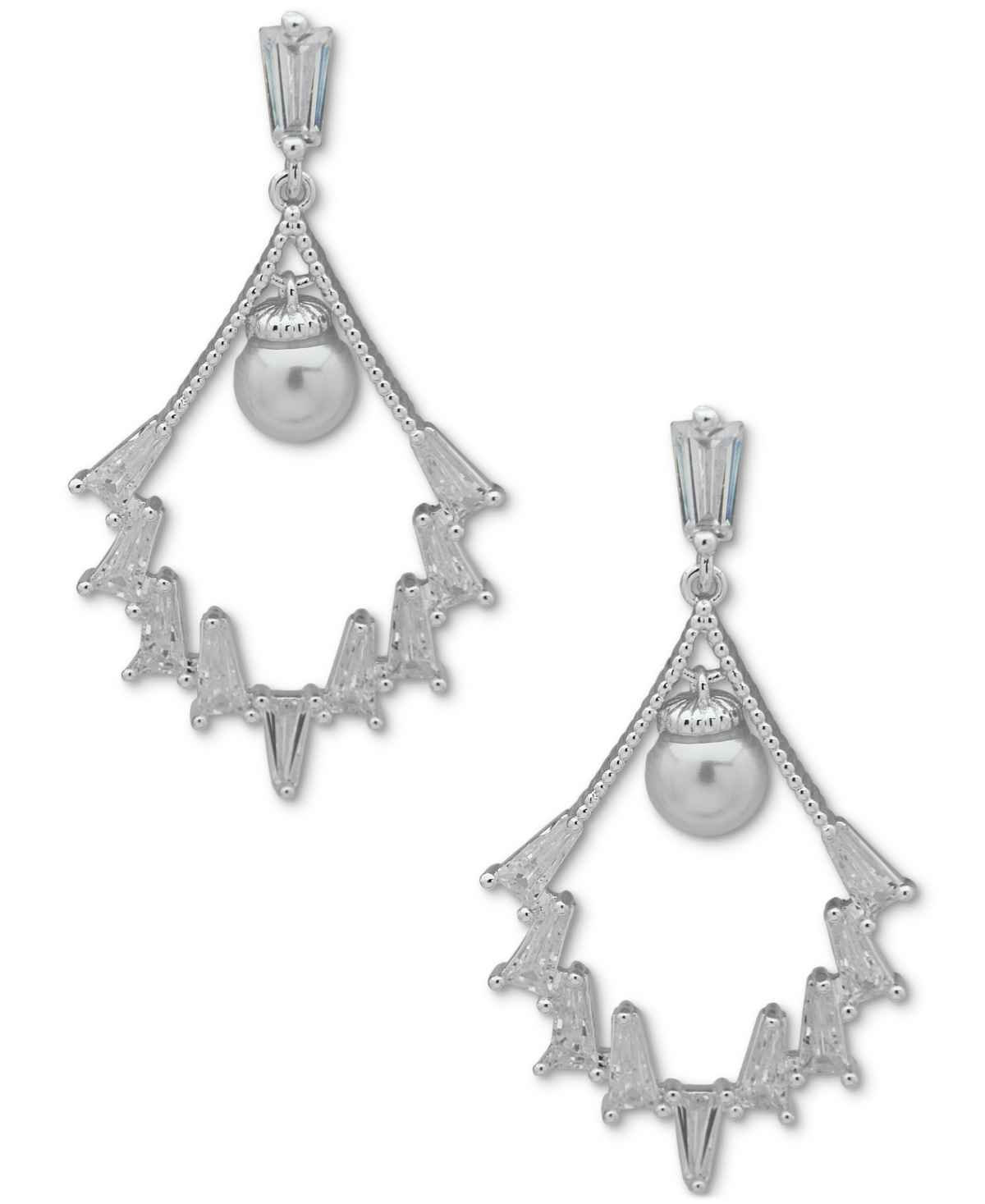 Silver-Tone Imitation Pearl & Crystal Baguette Chandelier Drop Earrings - Crystal