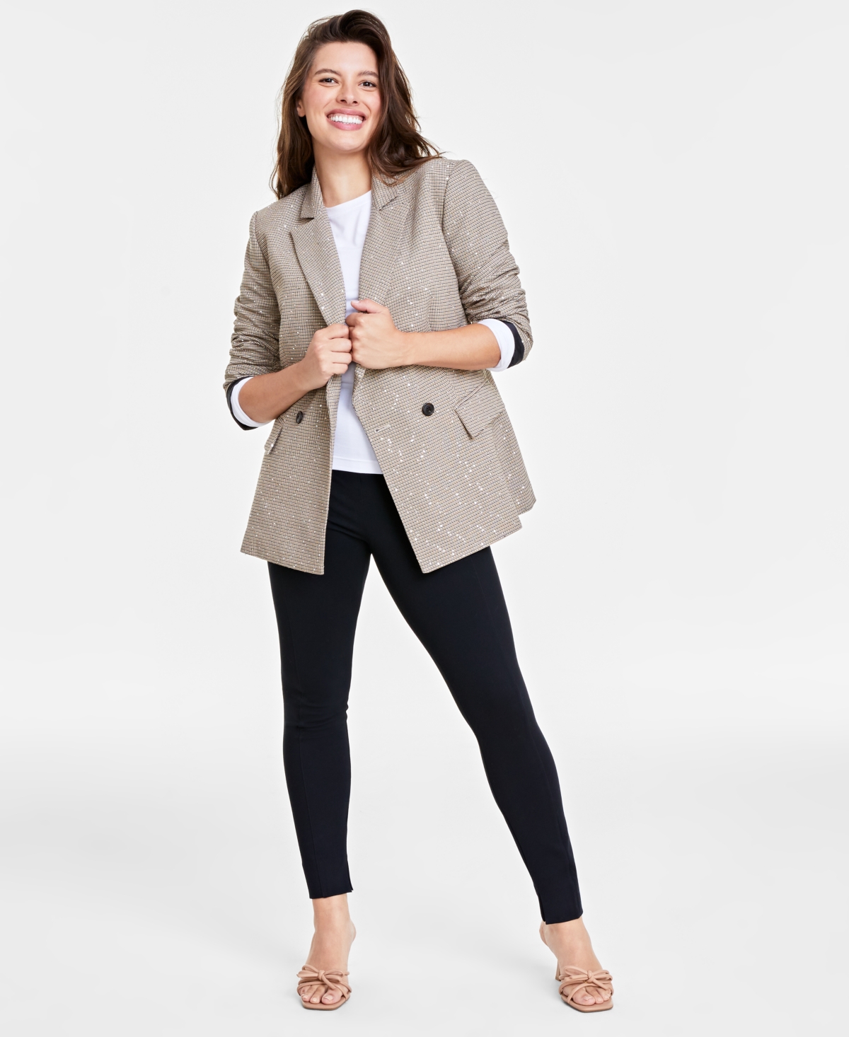 On 34th Women's Sequined Plaid Double-breasted Blazer, Created For Macy's In Grey Plaid Combo