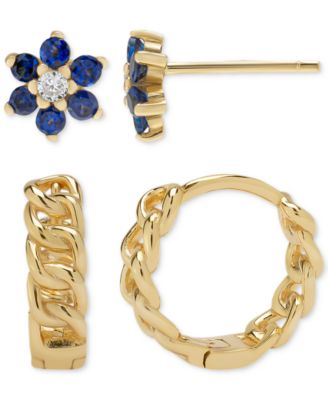 Macy's - 2-Pc. Set Lab-Grown Blue Spinel (3/4 ct. t.w.) & Lab-Grown White Sapphire (1/10 ct. t.w.) Flower Stud & Rope Hoop Earrings in 14k Gold-Plated Sterling Silver