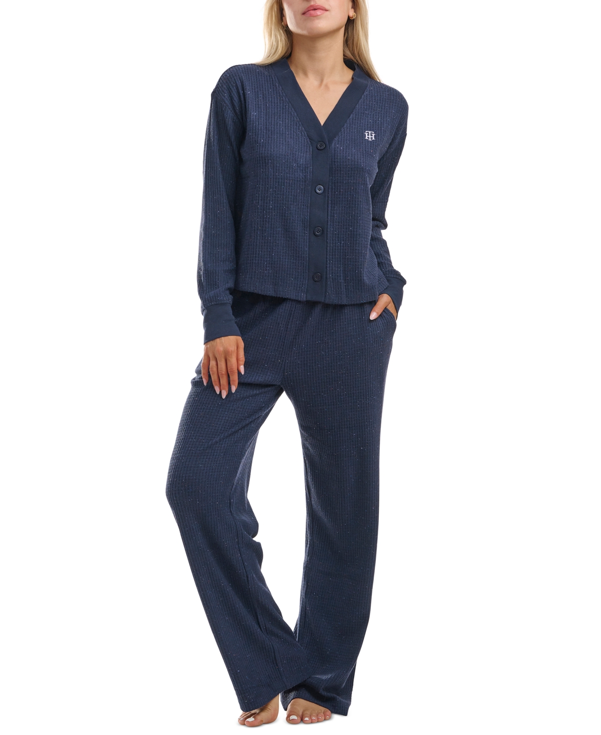 Tommy Hilfiger Women's Speckled Waffle-knit Cardigan Top And Pajama Pants Set In Navy Blazer