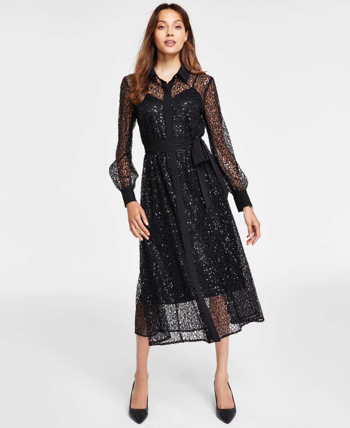 Anne Klein Women's Button-front A-line Sequin Lace Dress, Created For Macy's In Anne Black