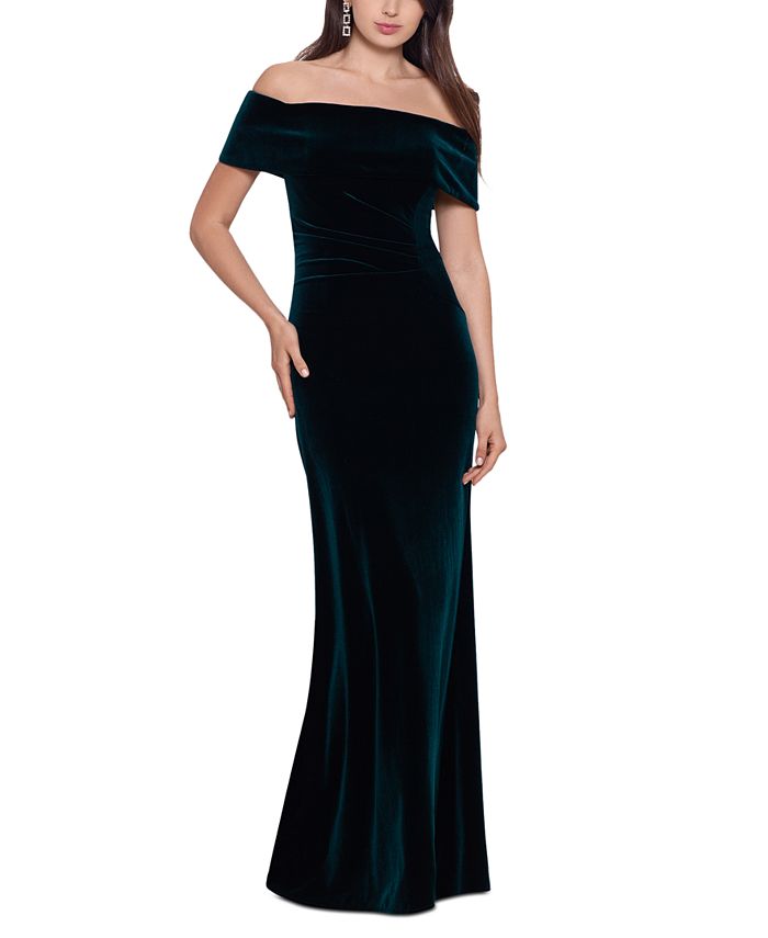 XSCAPE Petite Velvet Off-The-Shoulder Floor-Length Gown - Macy's