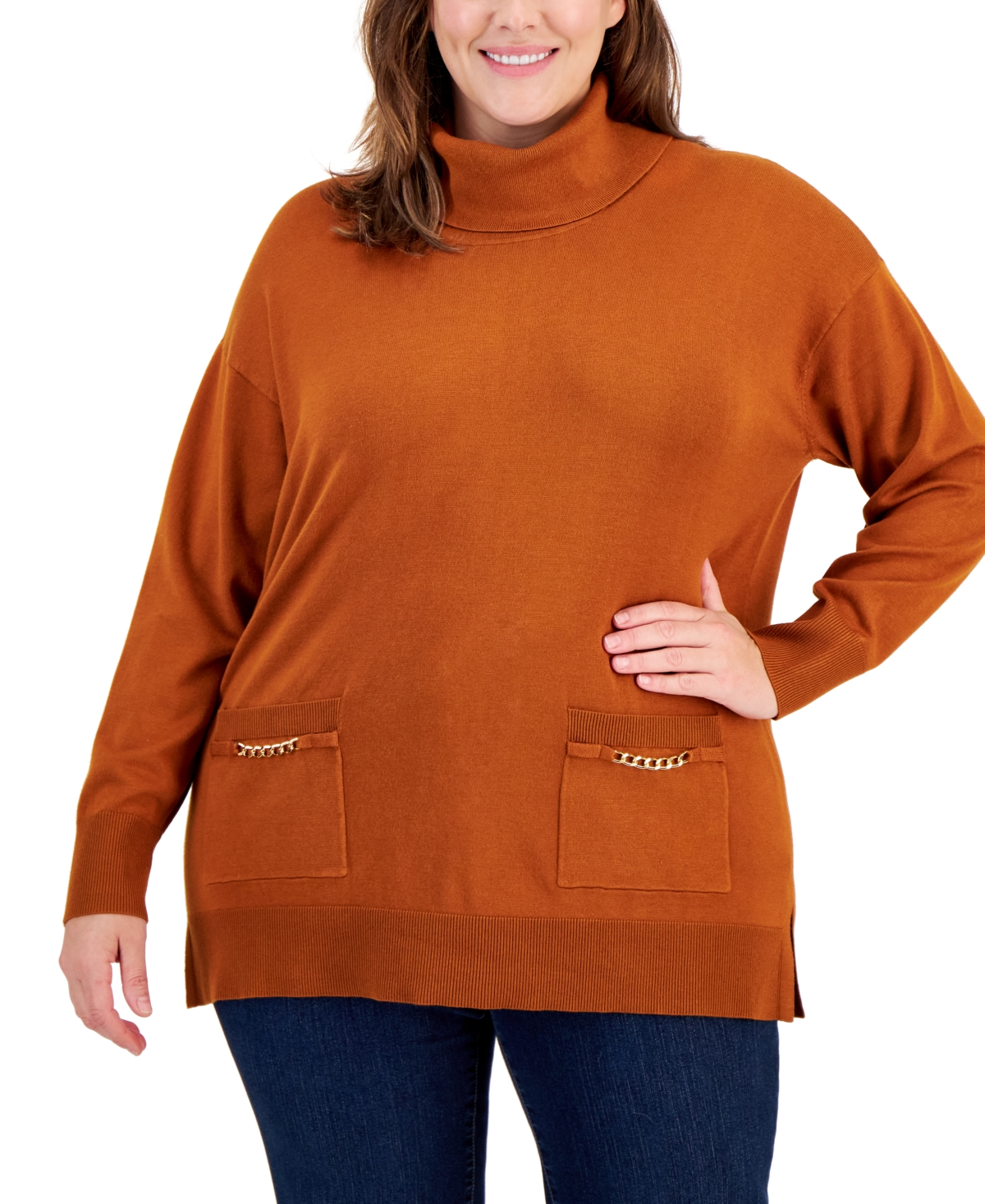 Jm Collection Plus Size Chain-Trim Turtleneck Sweater, Created for Macy's