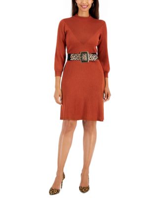 Robbie Bee - Bee Petite Mock-Neck Belted Ribbed Sweater Dress