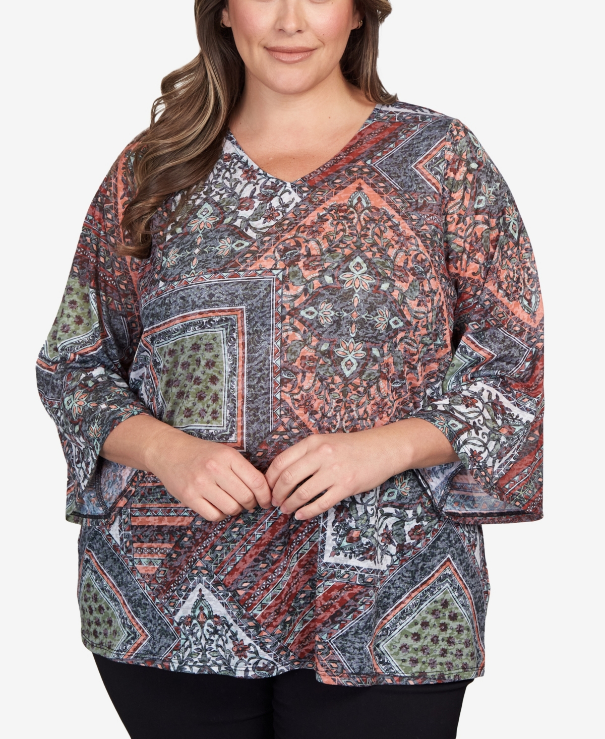 Ruby Rd. Plus Size Burnout Sublimation Patchwork Print Top In Rust Multi