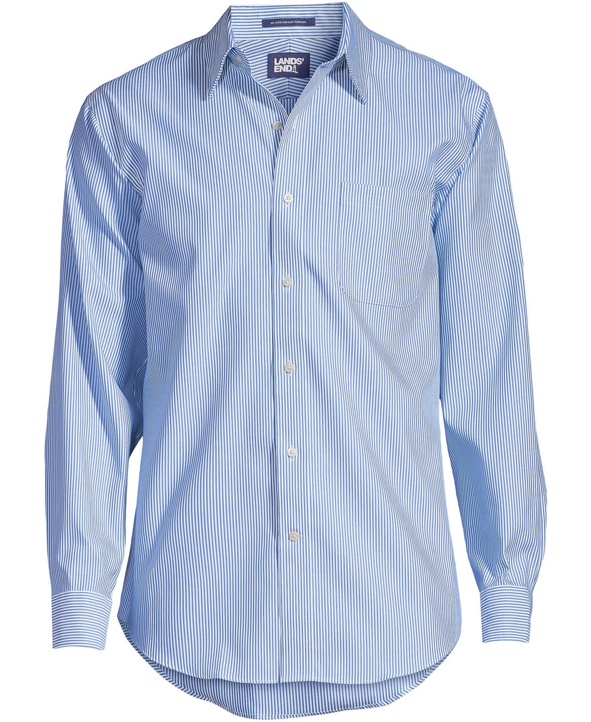 Lands' End Men's Pattern No Iron Supima Pinpoint Straight Collar Dress Shirt -white stripe