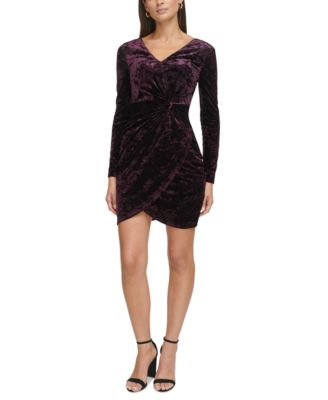 GUESS - Women's Velvet Ruched-Front Long-Sleeve Dress