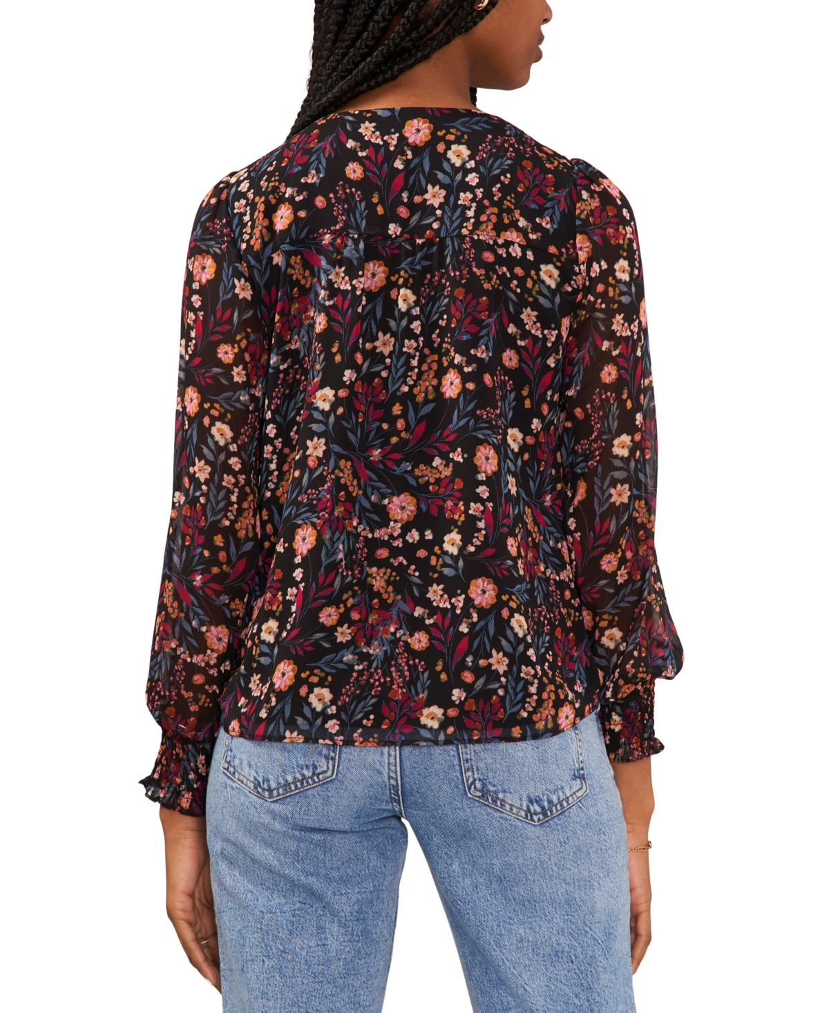 Sam & Jess Petite Printed V-Neck Smocked-Shoulder Blouse