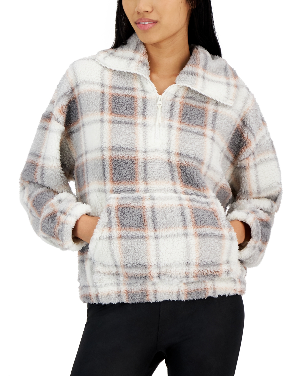 Hippie Rose Juniors' Extended Quarter-zip Long-sleeve Sherpa Sweatshirt In Grey Plaid