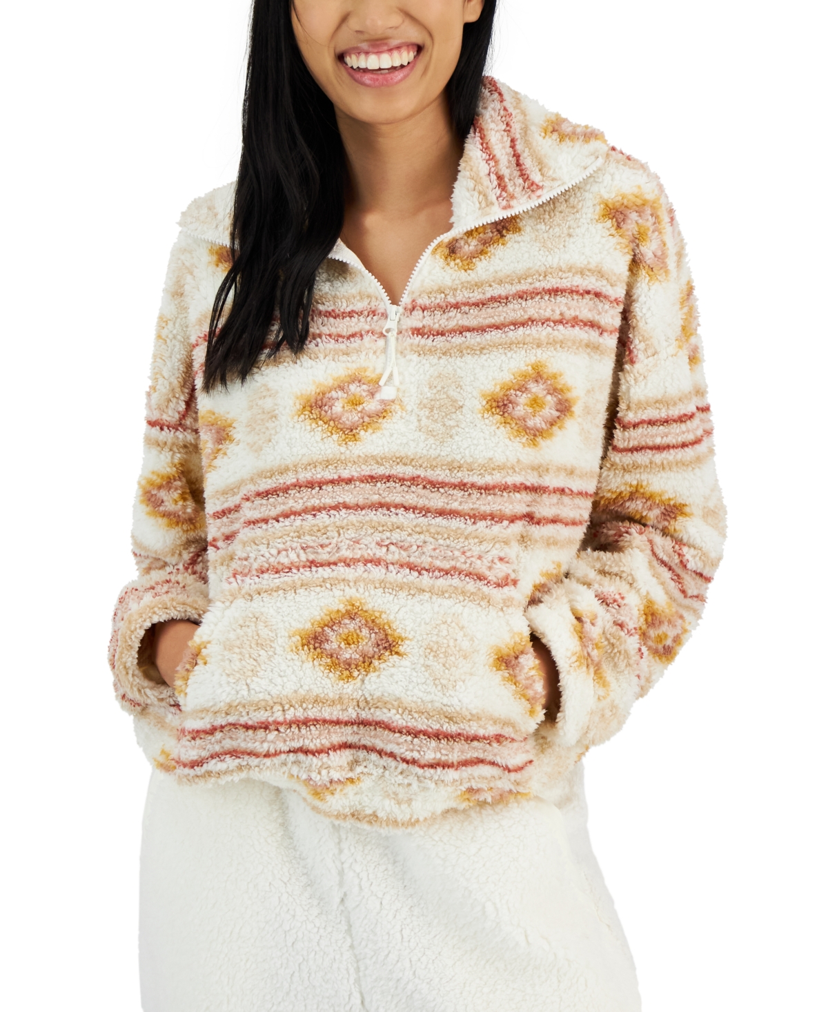 Hippie Rose Juniors' Extended Quarter-zip Long-sleeve Sherpa Sweatshirt In Cream Aztec