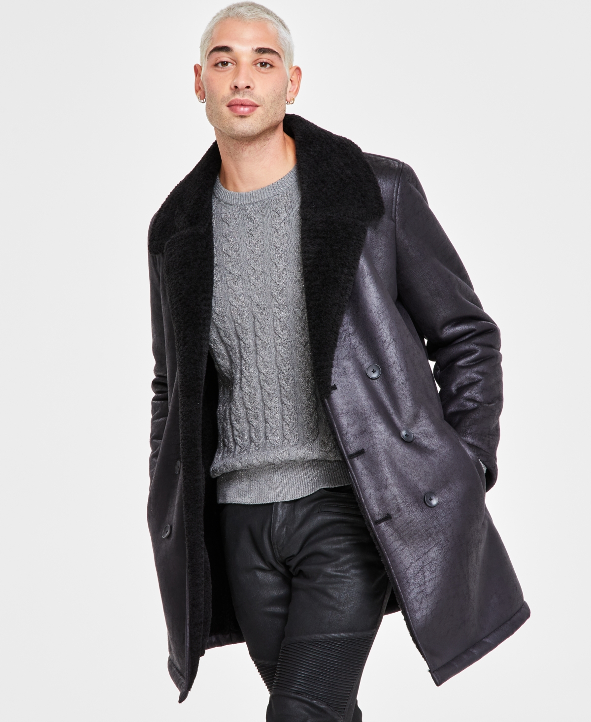 Inc International Concepts Beau Regular-fit Faux-leather Fleece-lined Overcoat, Created For Macy's In Deep Black