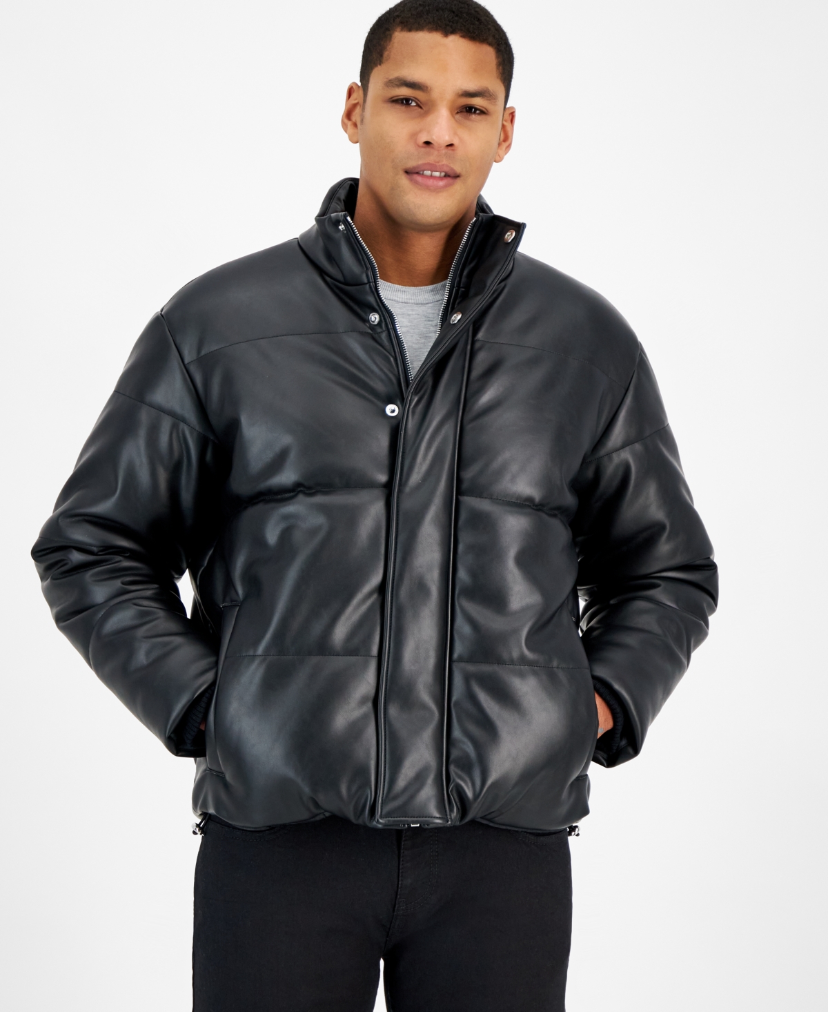 Men's Quilted Faux-Leather Puffer Jacket, Created for Macy's - Deep Black
