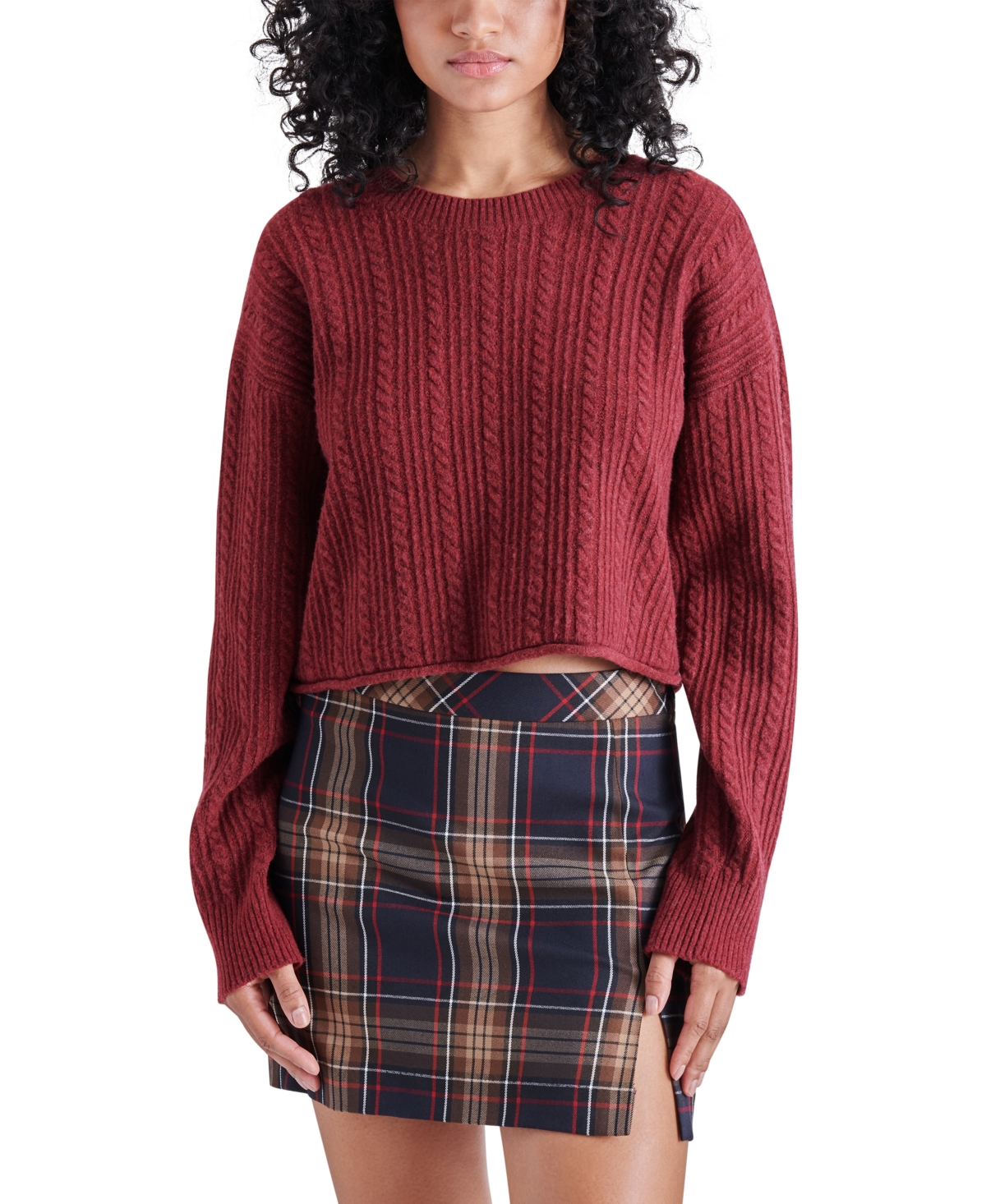 Shop Steve Madden Women's Aerin Cable-knit Crew Neck Sweater In Dark Red