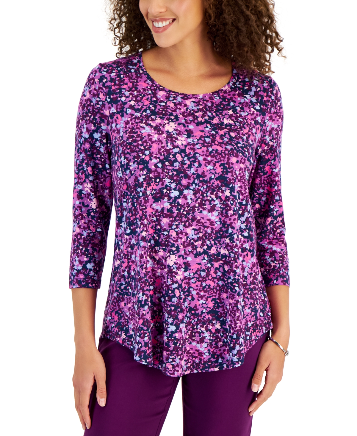 Jm Collection Women's Scoop Neck 3/4 Sleeve Printed Knit Top, Created For Macy's In Bitter Purple Combo