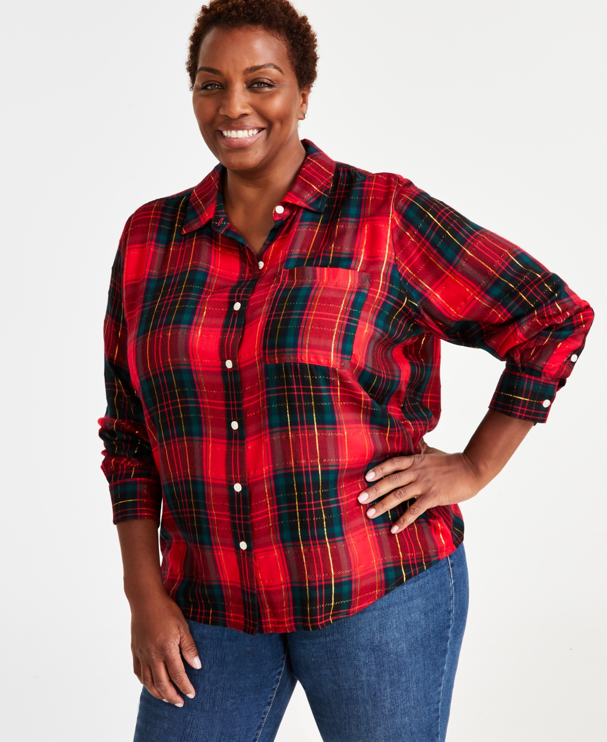 Style & Co Plus Size Perfect Shine Shirt, Created For Macy's In Heritage Red