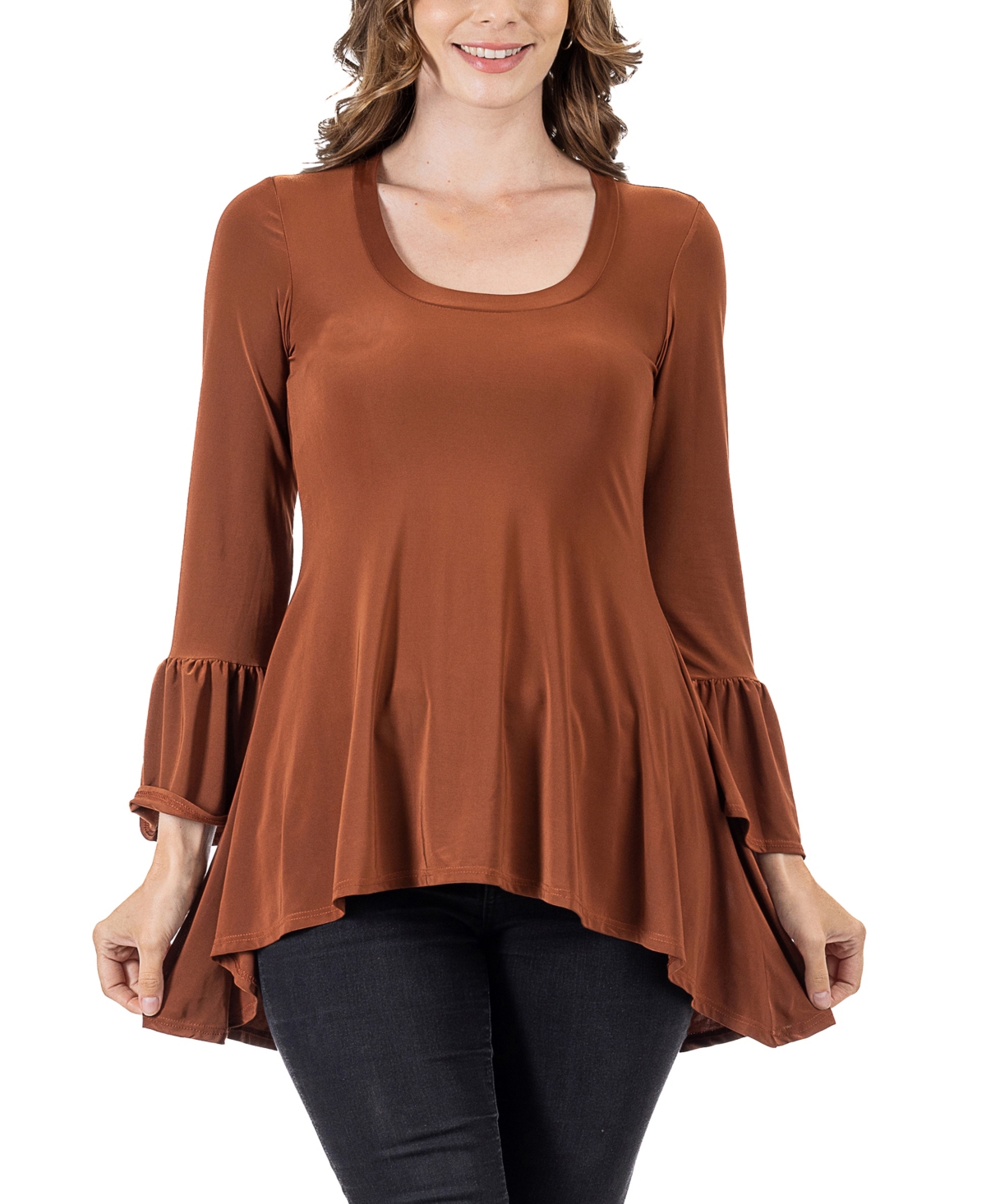 24seven Comfort Apparel Women's Long Bell Sleeve High Low Tunic Top In Tobacco