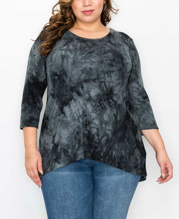 Plus Size Tie Dye Cozy 3 4 Sleeve Button Back Top