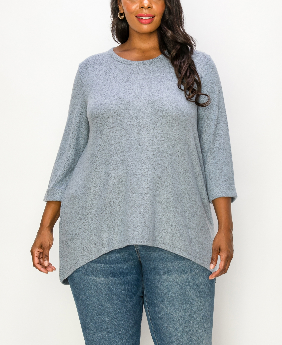 Plus Size Cozy 3/4 Rolled Sleeve Button Back Top - Chambray