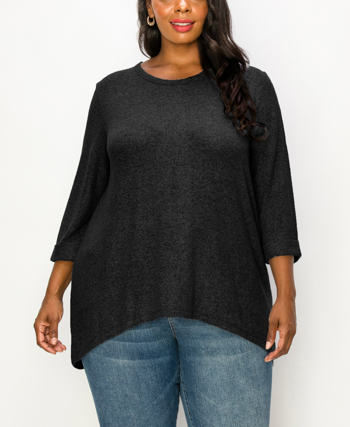 Plus Size Cozy 3/4 Rolled Sleeve Button Back Top - Chambray