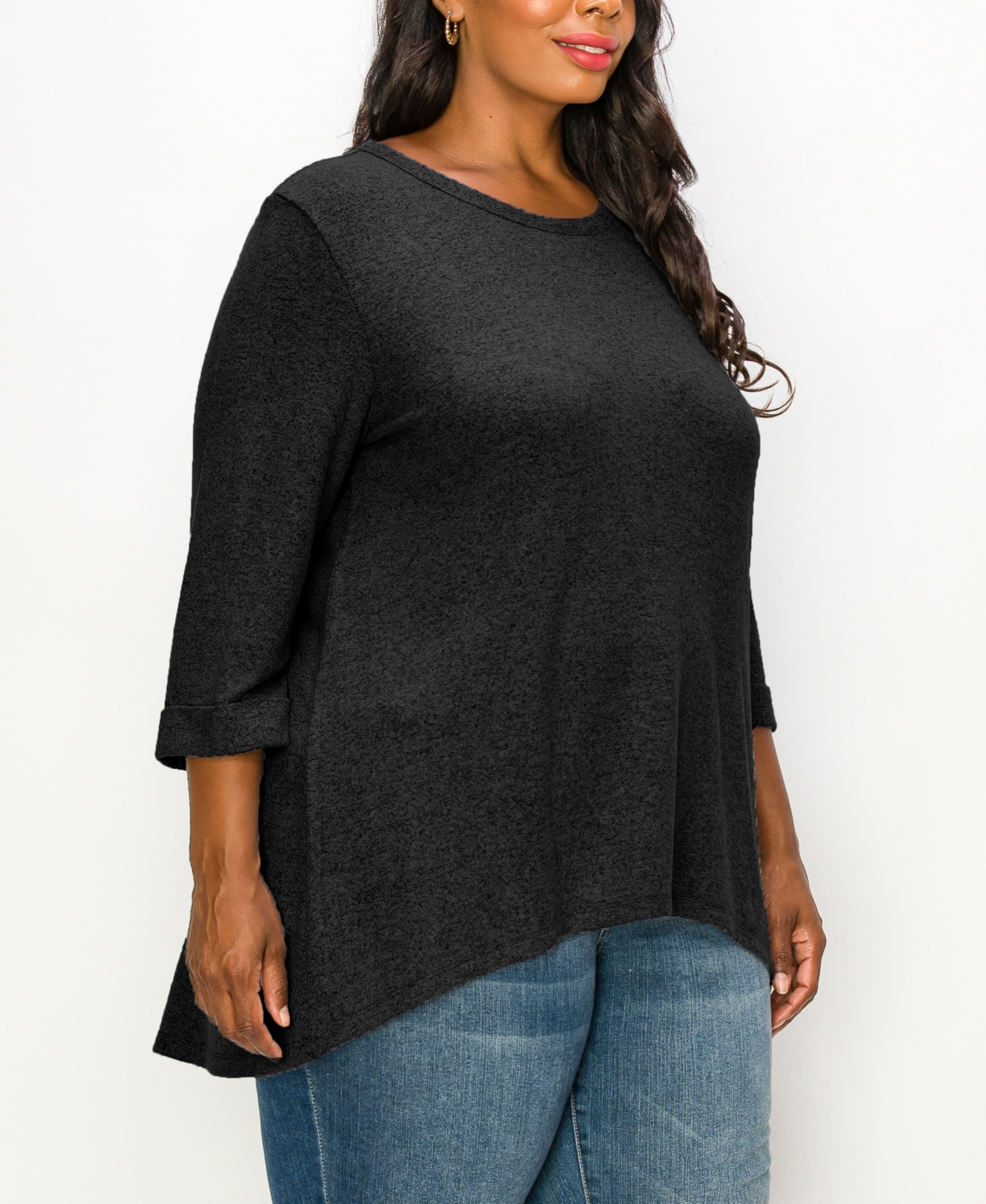 Coin 1804 Plus Size Cozy 3/4 Rolled Sleeve Button Back Top