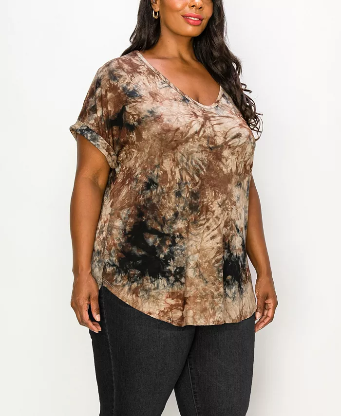 Plus Size Tie Dye V-neck Rolled Short Sleeve Top - thumbnail 3
