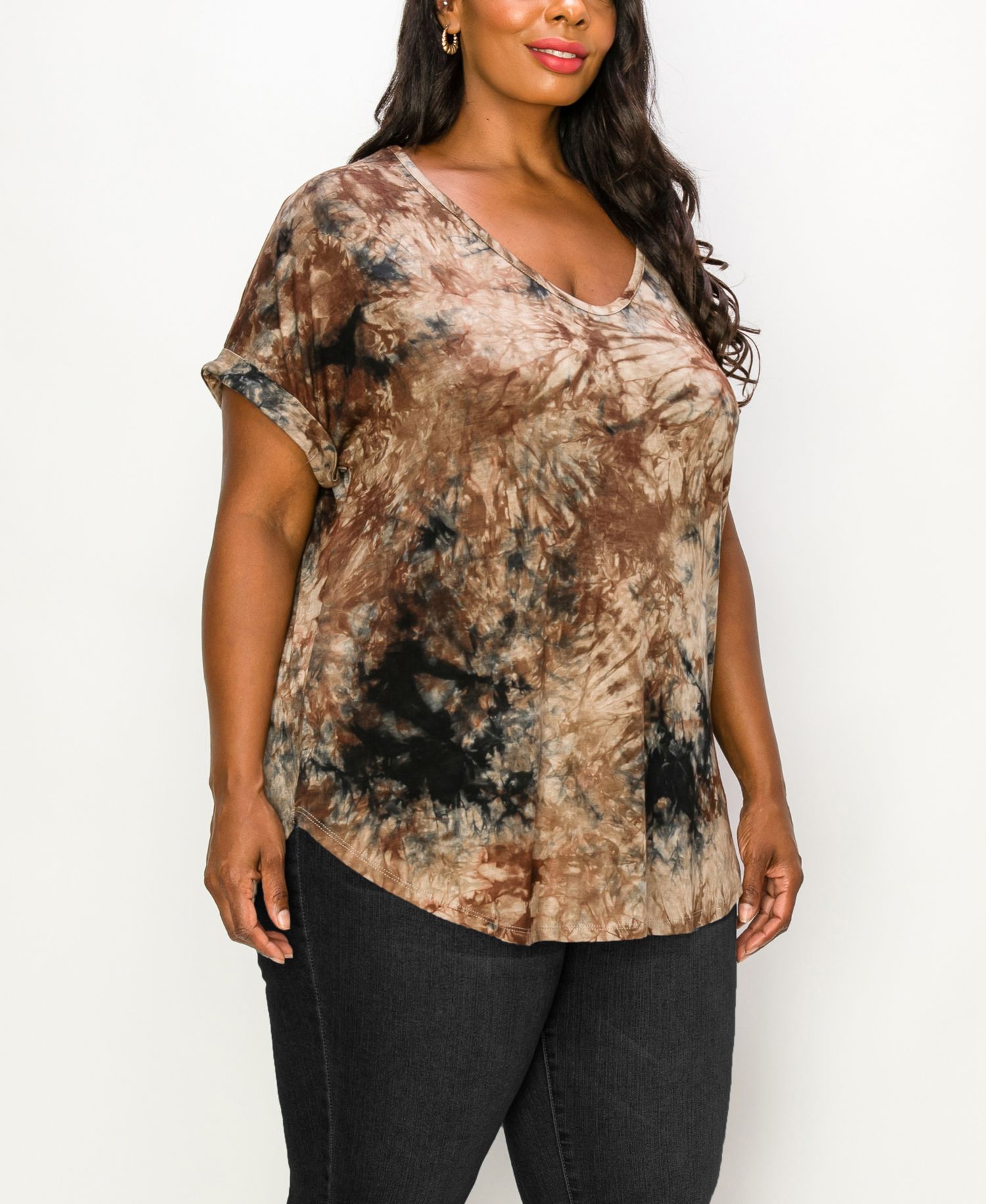Plus Size Tie Dye V-neck Rolled Short Sleeve Top