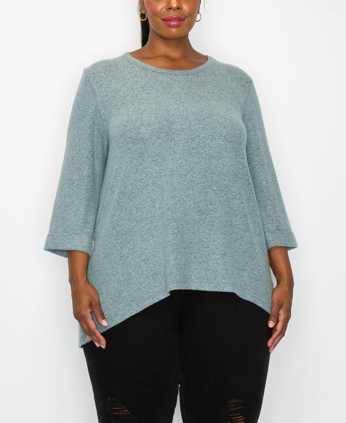 Coin 1804 Plus Size Cozy 3/4 Rolled Sleeve Button Back Top In Seafoam