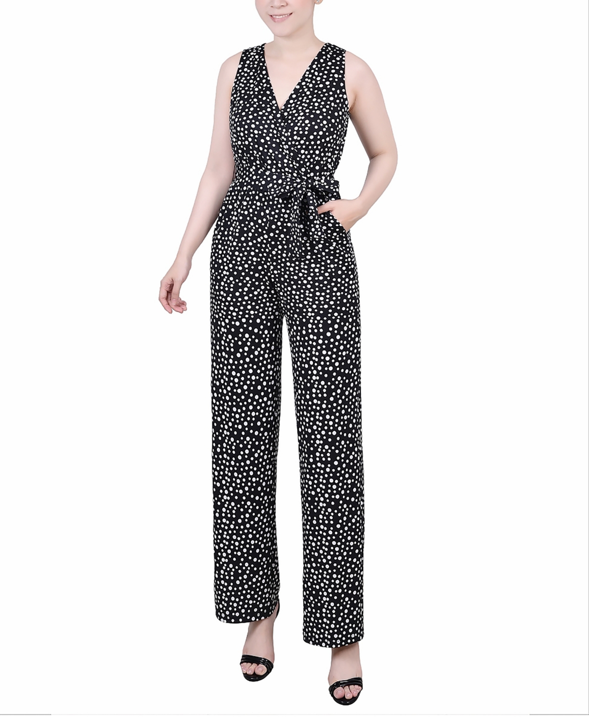 Ny Collection Petite Sleeveless Belted Jumpsuit In Black