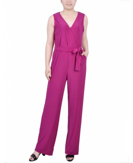 Petite Sleeveless Belted Jumpsuit - Purple Wine