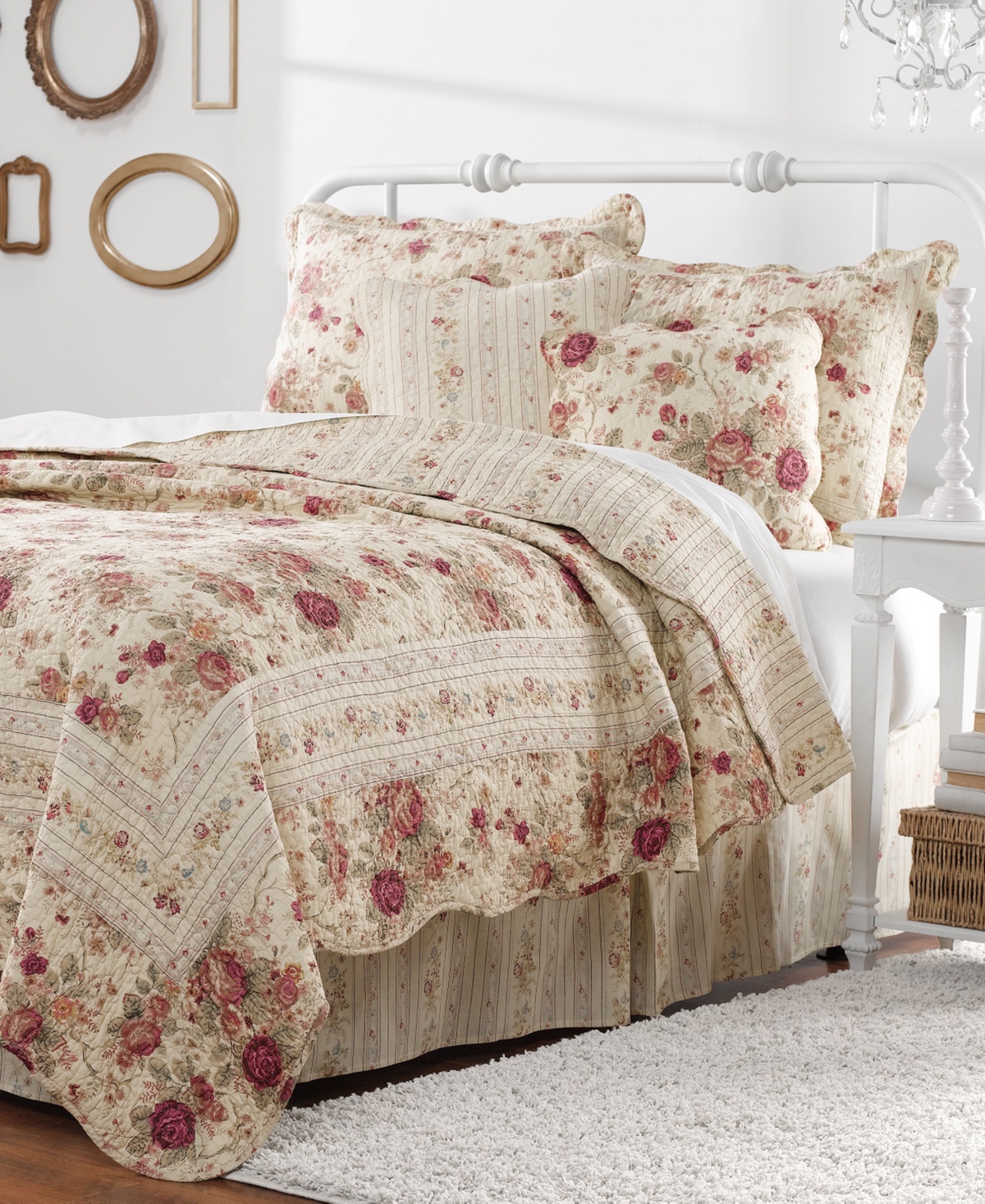 Greenland Home Fashions Antique-like Rose 100% Cotton Reversible 4 Piece Quilt Set, Twin/xl In Ecru